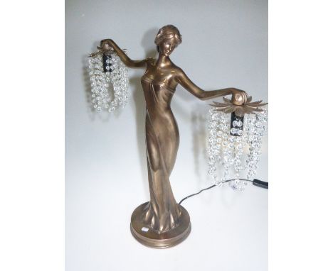Large female figure lamp with arms outstretched supporting bead style fittings