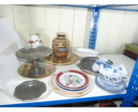 Tudric pewter cakestand and two plates, various decorative plates, vases, cups and saucers, etc