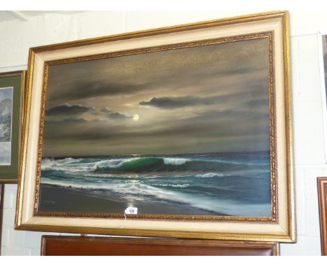 A. Beardsley, Moonlit Seascape, oil on canvas, 89.5cm x 60cm in cream and gilt framed