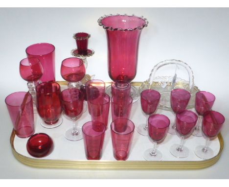 Collection of ruby glass goblets, beakers and vases, Italian candlestick and commemorative basket