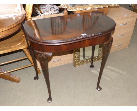 Mahogany D-shaped fold top card table on cabriole legs