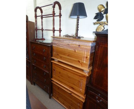 1920's oak six drawer chest, three pine toy boxes, towel stand, frameless mirror and twist column table lamp (7)
