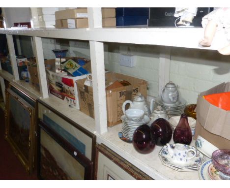 Full shelf of glass, china, figures and collectables