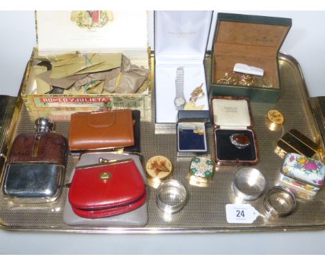 Coins, cap badges, flask, silver napkin rings, purses, jewellery, etc