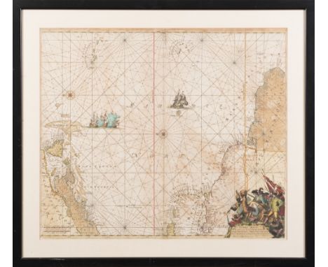 OTTENS, R &amp; J - Terra Neuf, ... Nieu Vranckryck, Nieu Engeland, Nieu Nederland ... (etc) : hand coloured sea chart, 555 x