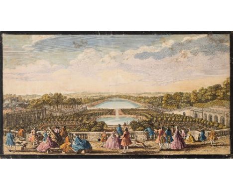 VUE DU OPTIQUE : Versailles - Three hand coloured copper engravings, 420 x 230 mm, J. Tinney, (some creasing) late 18th cent.