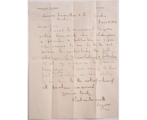 TAGORE, Rabindranath ( 1861-1941 ) : a manuscript signed letter to Macmillan publishers dated June 6, 1924, recommending a tr