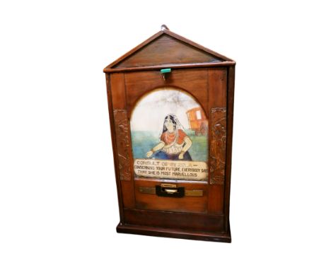 Gipsy Zola Fortune Teller Penny Arcade Machine. 1d Play. Early 20th Century with Art Deco copper panelling to either side of 