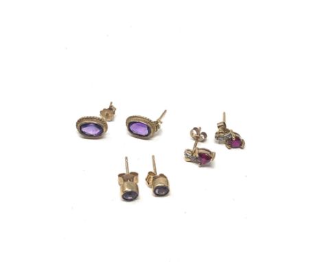 3 x 9ct gold vintage amethyst garnet &amp; diamond earrings 