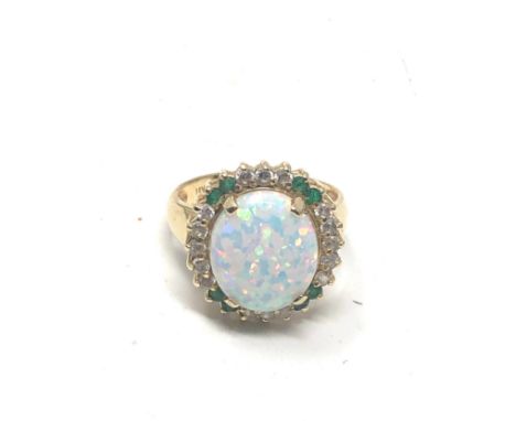 14ct gold opal, emerald &amp; clear gemstone halo cocktail ring (5.2g) 