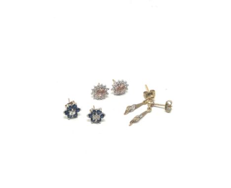 3 x 9ct gold vintage paired sapphire, diamond, topaz stud earrings (3.7g) 