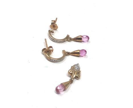 2 x 9ct gold vintage diamond &amp; pink sapphire earrings &amp; pendant (2.4g) 