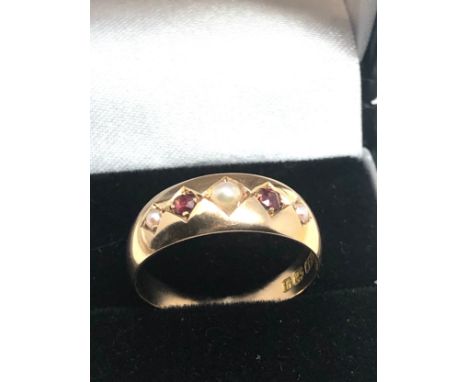 Antique victorian 18ct gold ruby &amp; pearl ring weight 3g 