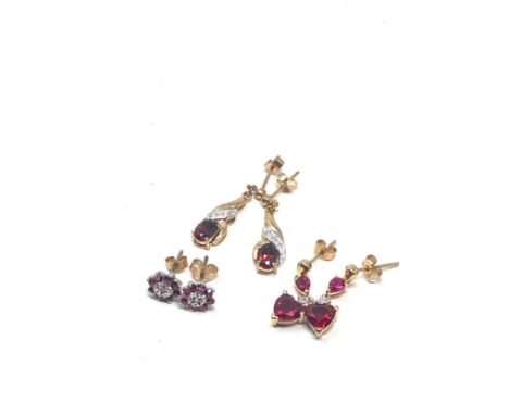 3 x 9ct gold vintage diamond, synthetic ruby &amp; garnet stud earrings (3g) 