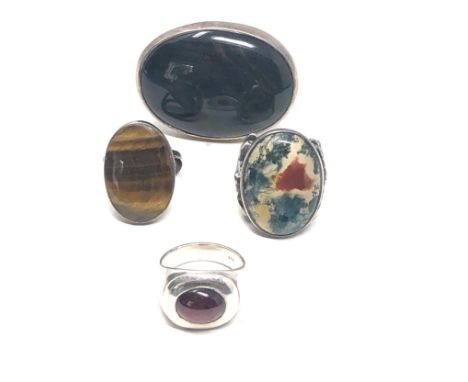 4 X Sterling Silver Vintage Gemstone Rings Including Moss Agate &amp; Tiger's Eye (53g) 