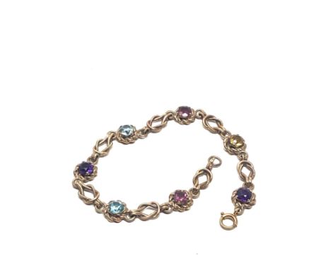 9ct gold vintage amethyst, citrine, zircon &amp; garnet fancy link bracelet (12.4g) 