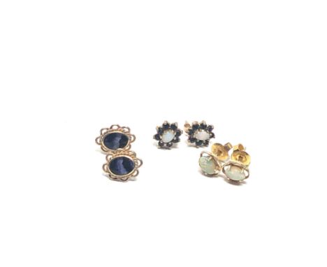 3 x 9ct gold stud earrings inc. opal sapphire &amp; blue john (3.7g) 