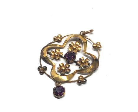 9ct gold vintage purple paste floral pendant (1.6g) 