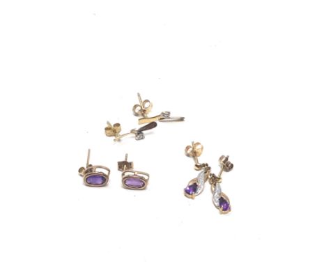 3 x 9ct gold vintage amethyst &amp; diamond stud earrings (2.6g) 