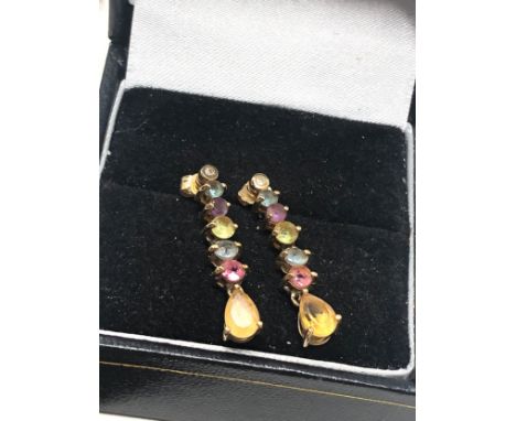 9ct gold gem set long drop earrings set with diamond sapphire emerald ruby approx 2.5mm drop weight 2.3g 