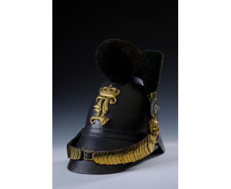 dating: about 1870 provenance: Bavaria, Medium-high skull, with blackened, leather visor and neck-guard, with wool comb. Gild