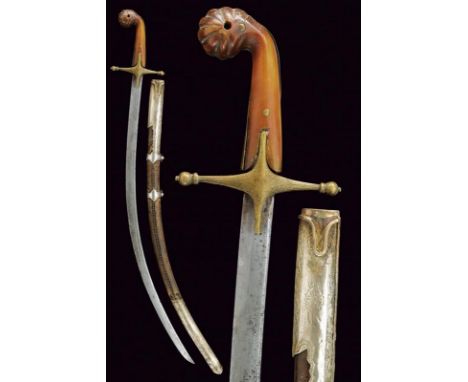 dating: 19th Century provenance: Turkey, Curved, flat, single-edged blade in damask; brass hilt with cross-quillon, engraved 