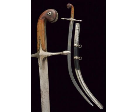 dating: 19th Century provenance: Turkey, Curved, flat, single-edged blade, in damask, with two cartouches in gold, with inscr