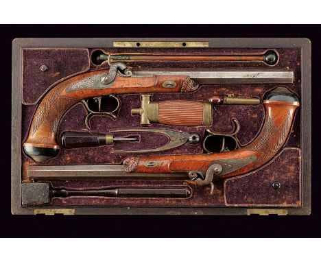 dating: Second quarter of the 19th Century provenance: France, Octagonal, rifled, 14 mm cal. barrels, in damask, with fore-si