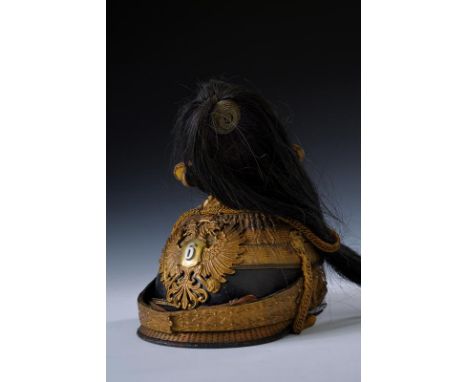 dating: about 1910 provenance: Austria, Blackened, leather skull, partially covered with yellow cloth, peak and stripes in gi