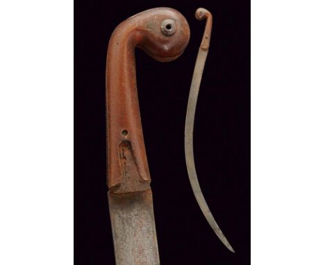 dating: 18th Century provenance: Turkey, Strong, flat, single-edged blade, in damask. Only horn grip scales remain of the gri