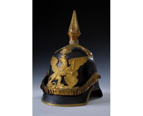 dating: 1850/60 provenance: Baden, High skull with angled visor and neck-guard. Gilded brass mounts. A big badge of Baden on 