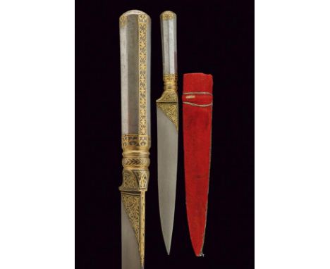 dating: 19th Century provenance: Indopersia, Straight, single-edged blade, in damask, inlaid in koftgari gold with rinceaux a