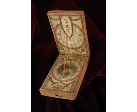 dating: 18th Century provenance: Europe, Wooden, parallelepiped body. Hollow compass quadrant, decorated in printed paper, wi