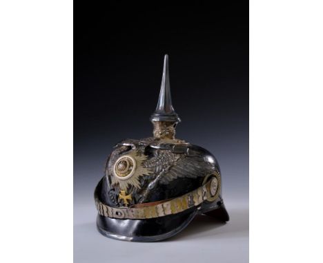 dating: Late 19th Century provenance: Prussia, Skull, visor and neck-guard in blackened leather with silver mounts. Guard's e