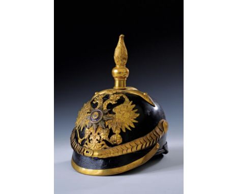 dating: about 1860 provenance: Russian Empire, Skull lacquered in black, with leather visor and neck-guard. Gilded, brass mou