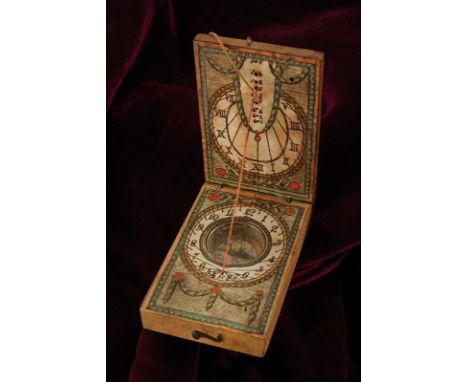 dating: 18th Century provenance: Europe, Wooden, parallelepiped body. Hollow compass quadrant, decorated in printed paper, wi
