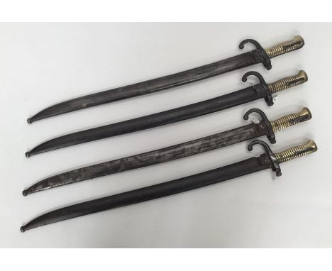 A selection of 19th century French Chassepot bayonets. 4 examples, including pieces dated 1871, 1867, 1872, and 1870. Each wi