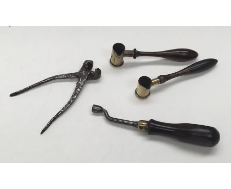 A selection of 19th century firearm tools / accessories. To include: 2 brass powder dram measures, both with turned fruitwood