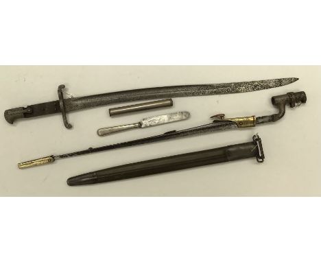 British 1853 pattern socket bayonet with metal mounting of the scabbard, leather rotted away, British 1856 pattern sabre bayo