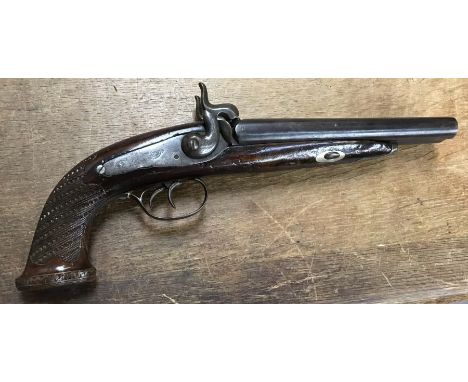 Double Barrelled French Percussion Pistol by Le Parge of Paris, Barrel length 20cm, Working Action that holds on half and ful