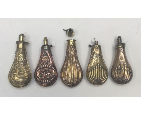 A 19th century brass powder flask, repousee decorated with stags to both sides. 2 small suspension rings to both sides, plus 