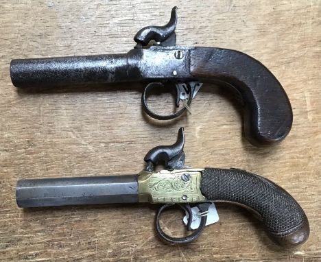 Two Percussion Box-Lock Pocket Pistols, one with Brass body and Octagonal Barrel with silver escutcheon set into etched woode