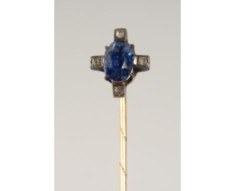 A SAPPHIRE AND DIAMOND TIE PIN, cased.