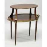 A VERY GOOD 19TH CENTURY MAHOGANY OVAL TWO TIER ETAGERE, with brass banding and gallery on