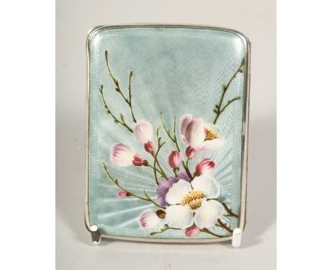 A .935 SILVER AND ENAMEL CIGARETTE CASE the enamel lid with blossom. 3.5ins x 2.5ins