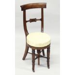 A 19TH CENTURY MAHOGANY MUSIC CHAIR, with overhanging cresting rail, carved tie bar, over-stuffed
