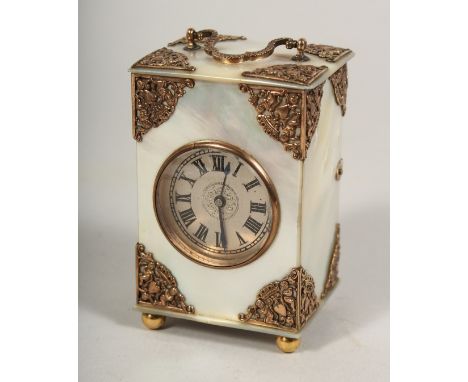 A SUPERB VICTORIAN MOTHER OF PEARL SILVER MOUNTED CARRIAGE CLOCK on four ball feet. 3ins high.