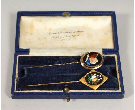 TWO PIETRO DURA TIE PINS, cased, Daniel Desbois &amp; Sons.