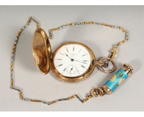 A 14 CT GOLD SWISS POCKET WATCH with engine turned case. H. Hoffman, Geneva, on a long chain.