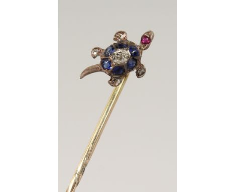 A DIAMOND SET TORTOISE TIE PIN, cased.